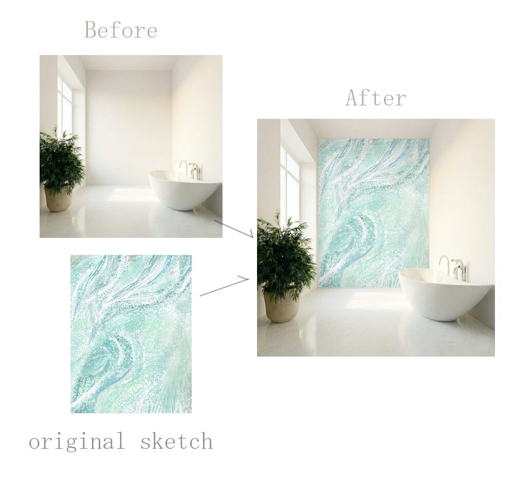 モザイクアート完成シミュレーション ビフォーアフター比較 バスルーム壁面装飾